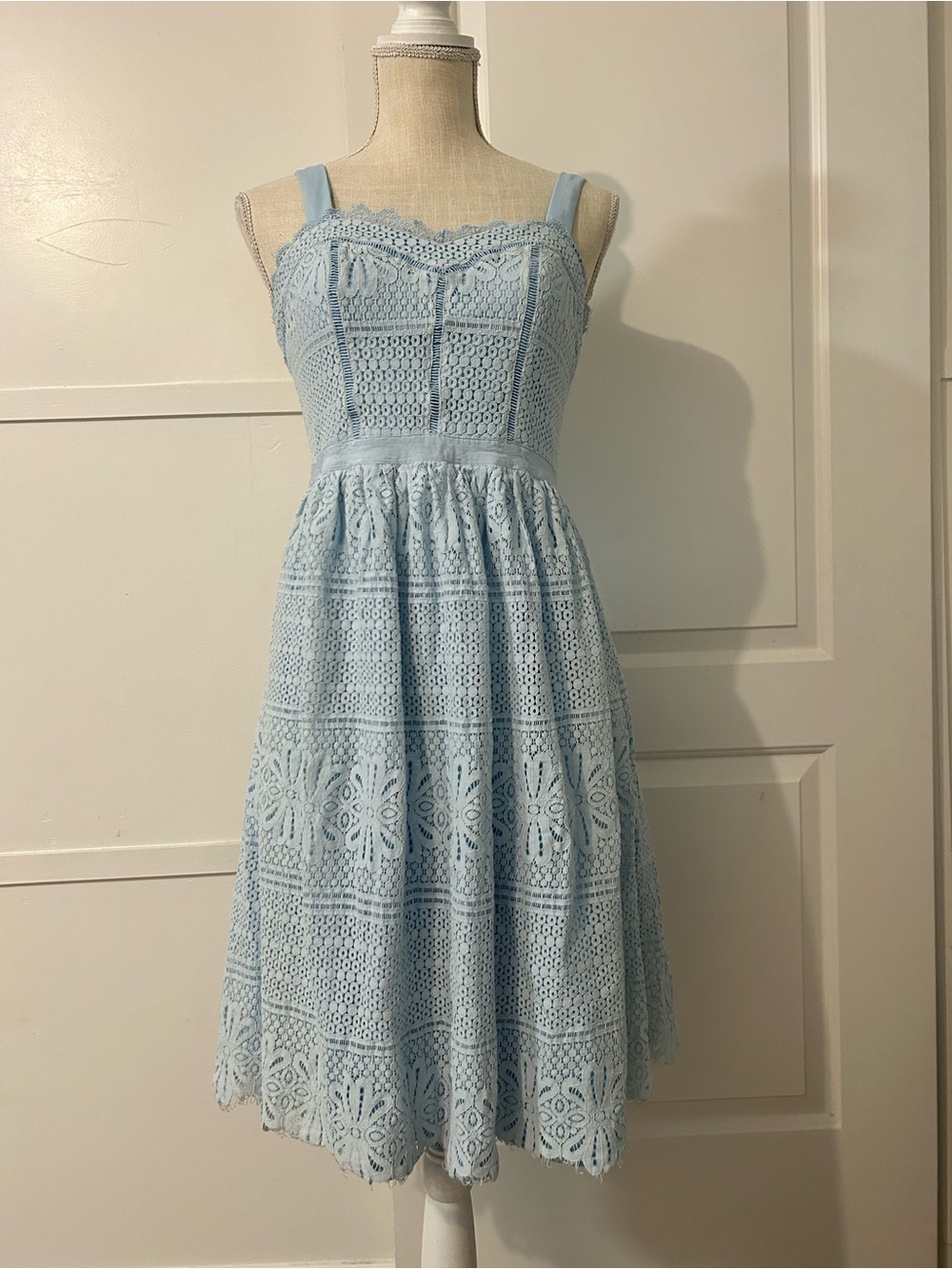 Aqua Light Blue Lace Midi Dress with Sweetheart Bodice